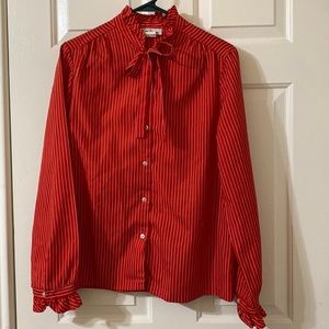 Vintage red & white striped long sleeve button up blouse with tie at collar
